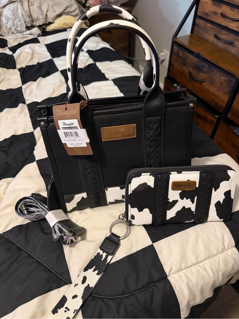 Wrangler Black and White Cowprint Tote with Matching Wallet